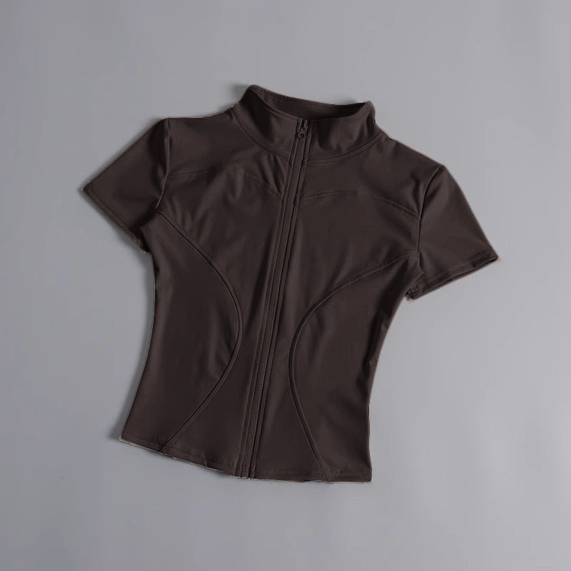 High elastic yoga short-sleeved jacket stand collar zipper tight running sports jacket quick-drying nude fitness short-sleeved women summer