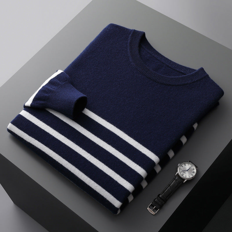 100 wool sweater men's round neck thin sailor sweater knitted sweater loose youth bottoming wool sweater trend