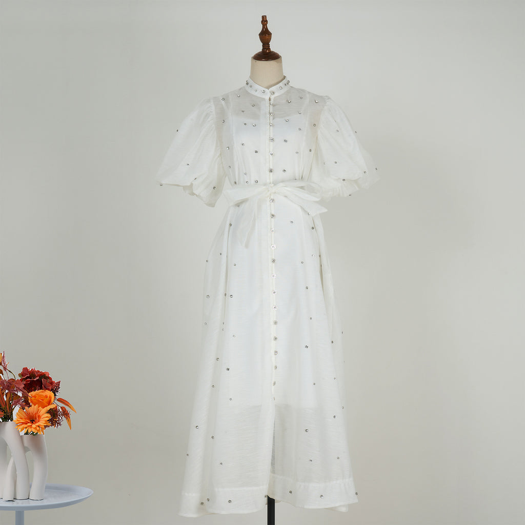 European and American cross-border summer palace style high-end design heavy-duty rhinestone short-sleeved single-breasted dress with suspenders