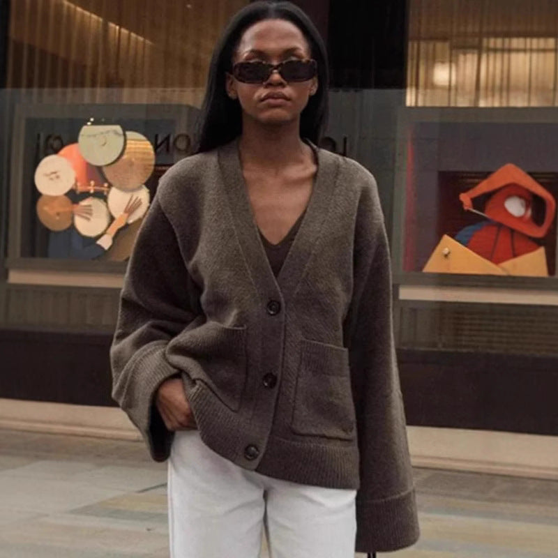 2025 Spring and Summer Cross-border Foreign Trade Spot Casual Versatile Solid Color V-neck Knitted Jacket