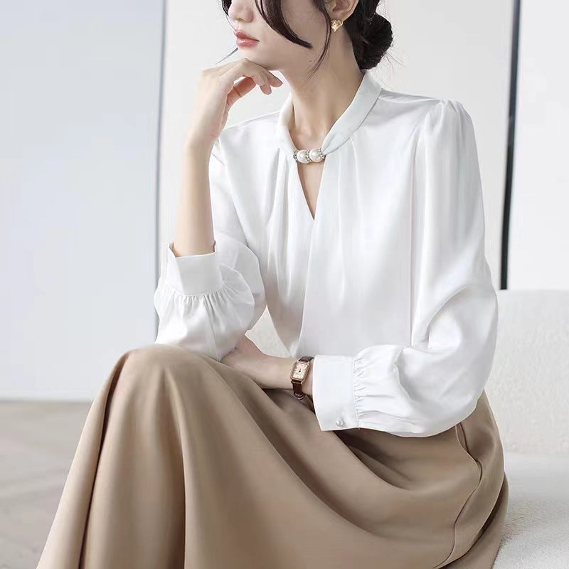 French niche halter neck stand collar beaded shirt female 2025 spring new style pullover satin temperament commuter professional top
