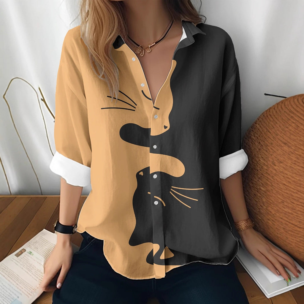 Cat cross-border European and American women's 3D printed floral pattern long-sleeved shirt women's fashion tops