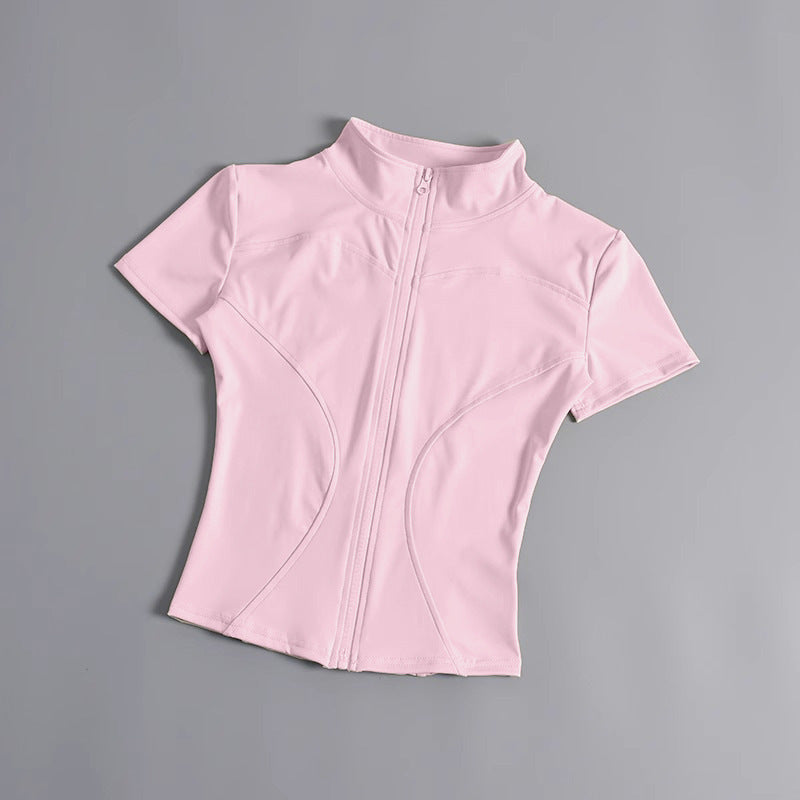 High elastic yoga short-sleeved jacket stand collar zipper tight running sports jacket quick-drying nude fitness short-sleeved women summer