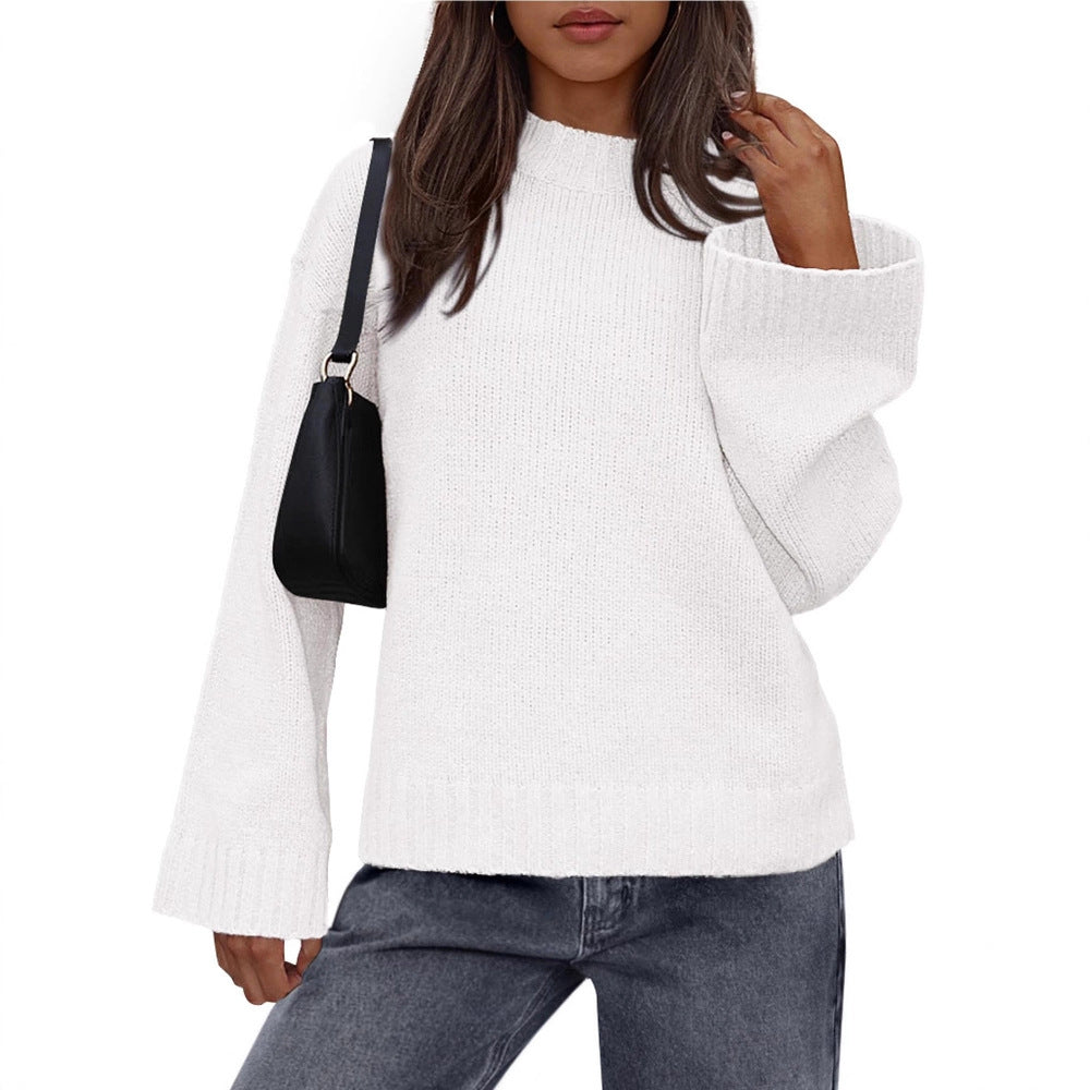 2025 Foreign Trade Autumn and Winter New Arrival Casual Round Neck Loose Solid Color Long Sleeve Trumpet Sleeve Knitted Sweater Women's Clothing