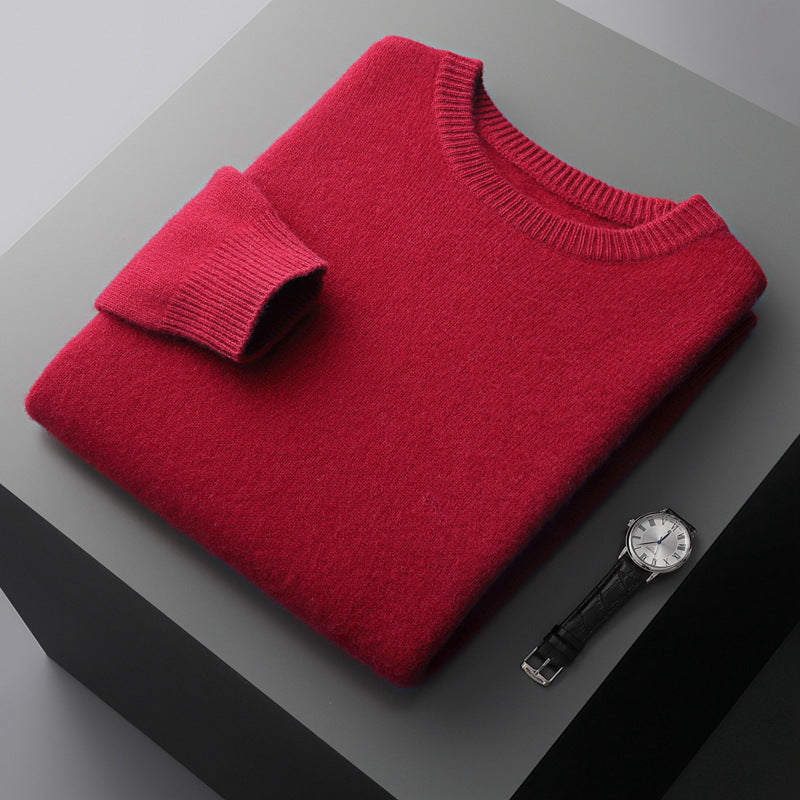Autumn and winter round neck wool sweater men's 100% pure wool thick pullover sweater loose casual solid color knitted bottoming shirt