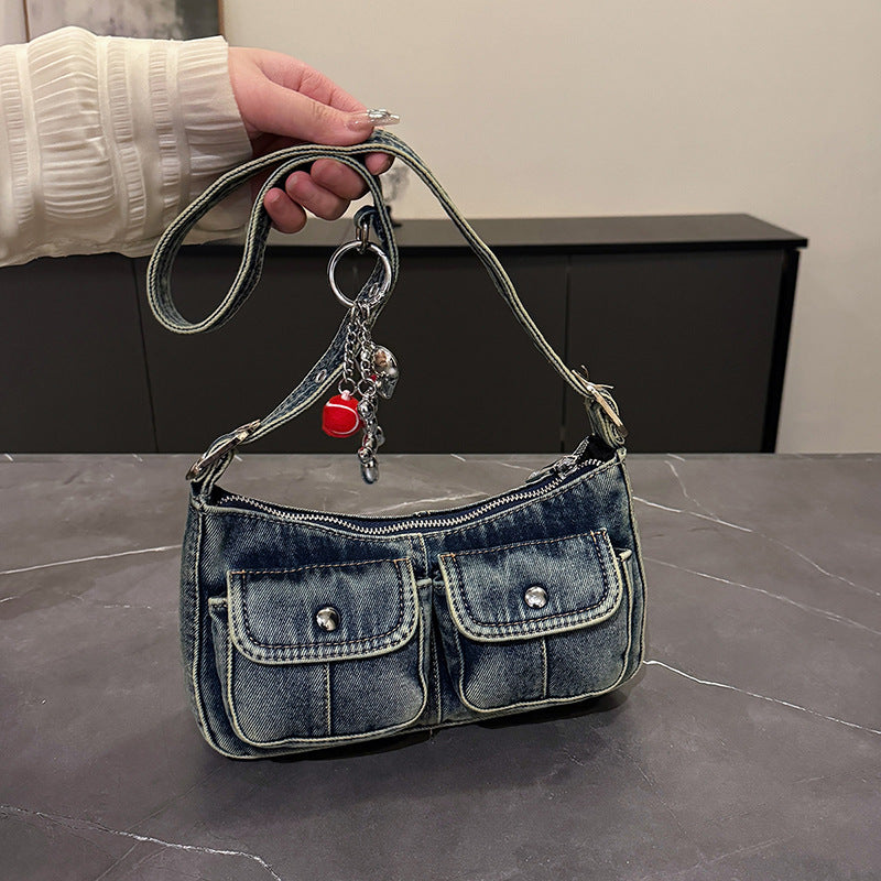 Small bag, shoulder bag, underarm bag, hot girl baguette bag, fashionable and simple commuter bag, 2025 spring new denim bag