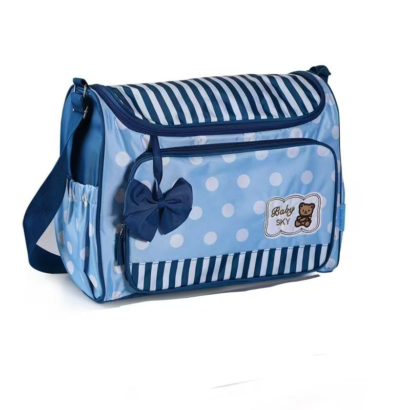 Cross-border printing large polka dot mommy bag four-piece set multifunctional large capacity butterfly festival one-shoulder bear mother and baby bag