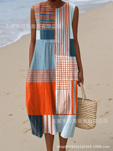 2025 European and American spring and summer new sleeveless casual printed temperament long skirt dress slim small fresh casual skirt