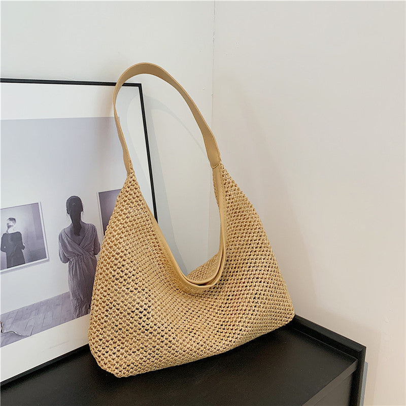 Korean ins retro woven tote bag straw bag large capacity underarm bag shoulder bag holiday style beach bag female