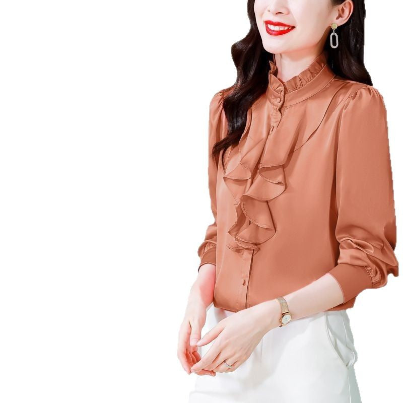 Green 1803 intellectual and generous temperament imitation silk shirt female long sleeve solid color lace collar palace style mulberry silk shirt