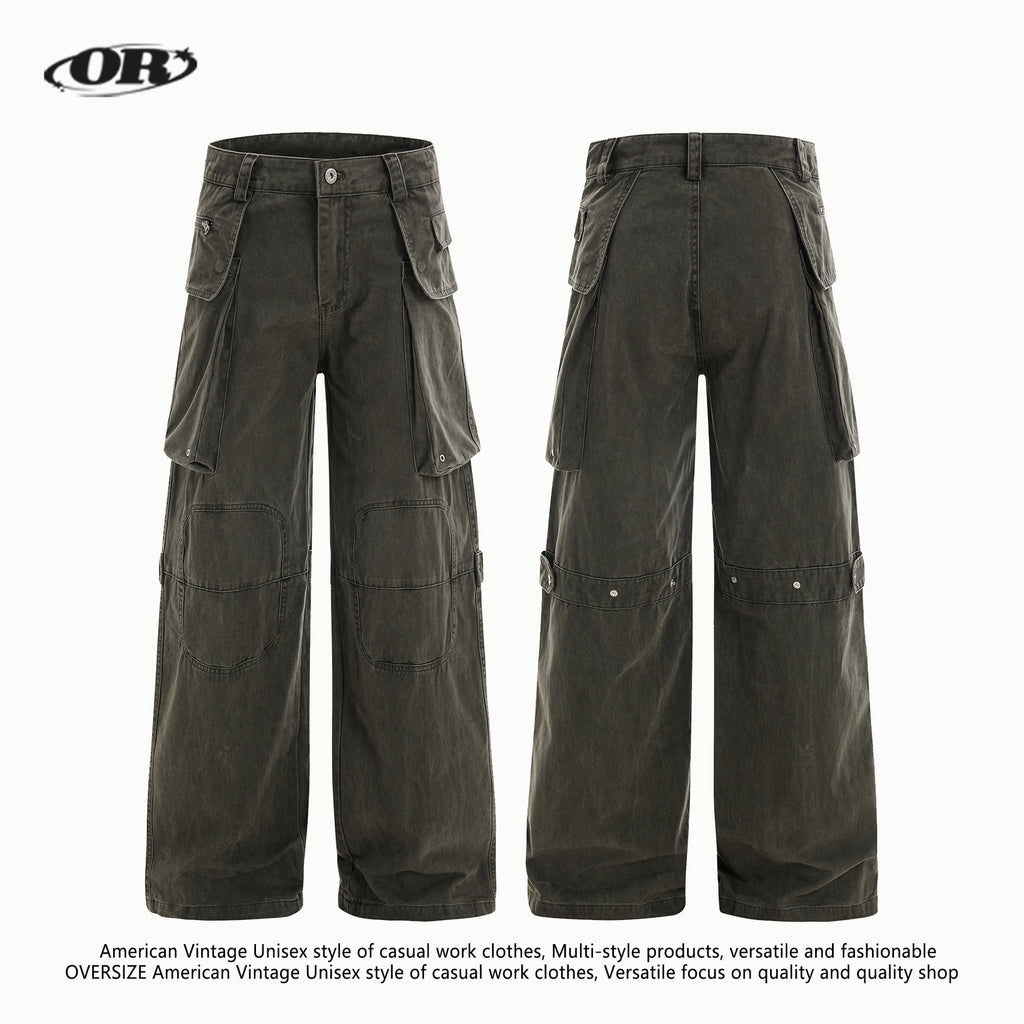 OREETA American retro cleanfit simple high-end overalls men and women street hip-hop distressed casual pants