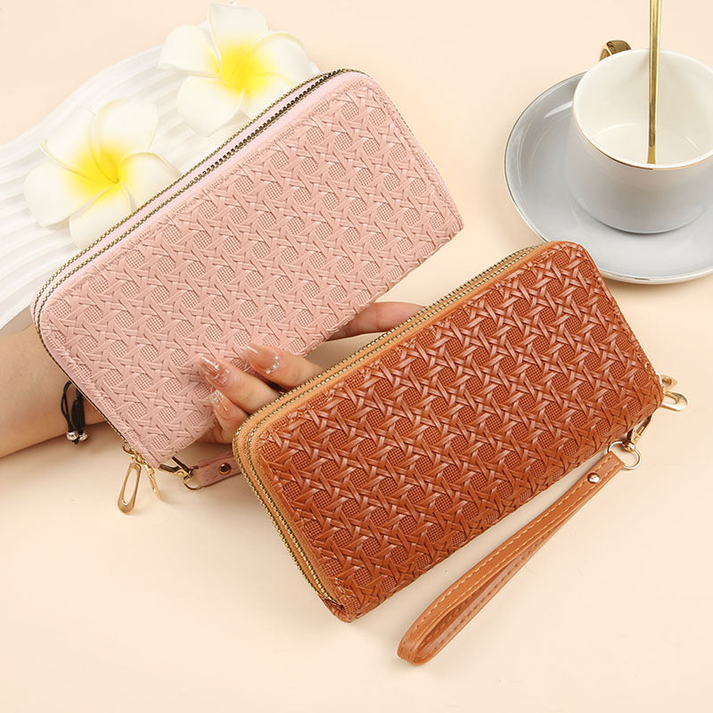 Foreign trade-specific wallet for women, long woven pattern double zipper large capacity clutch bag, multifunctional patent leather mobile phone bag for women