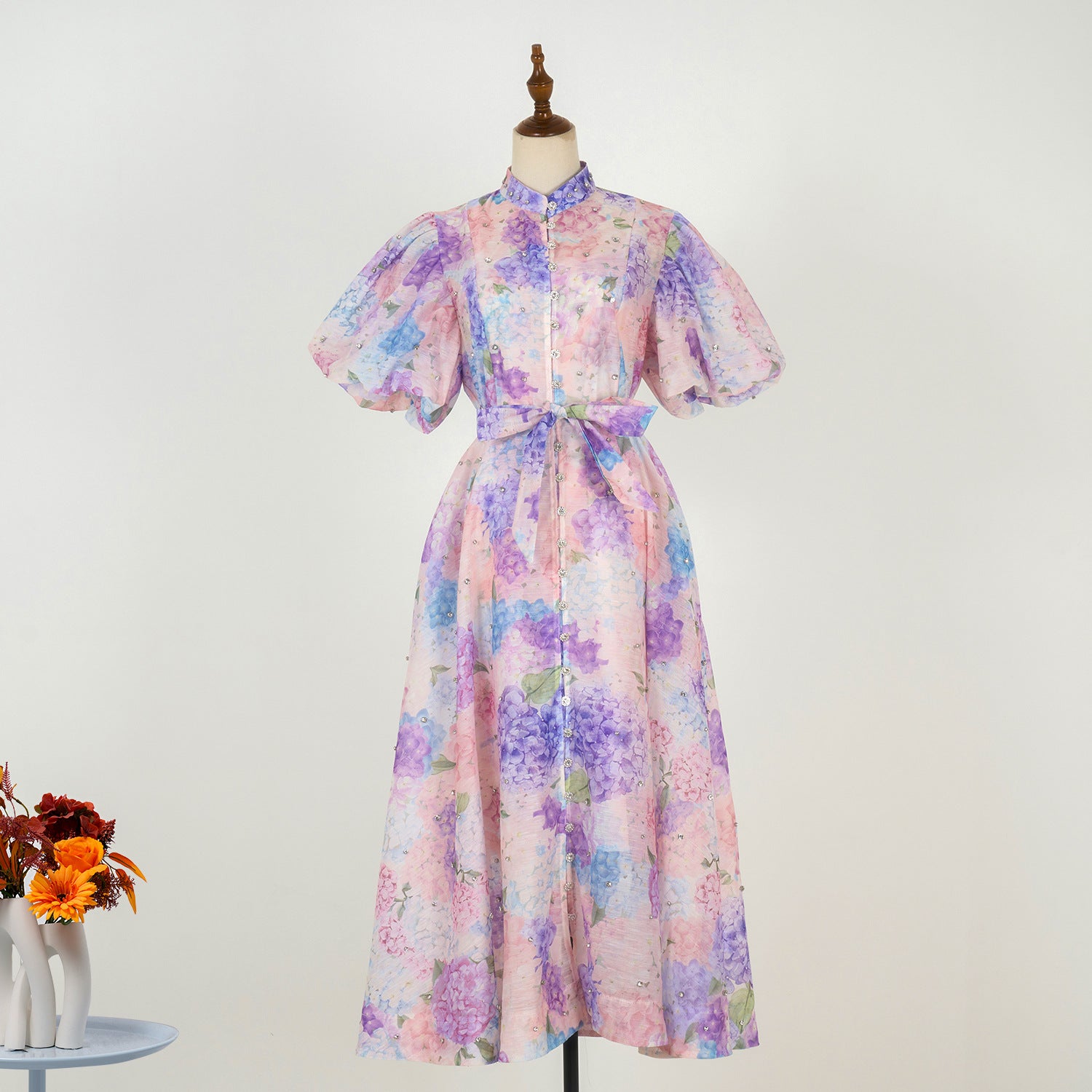 European and American cross-border summer palace style high-end design heavy-duty rhinestone short-sleeved single-breasted dress with suspenders