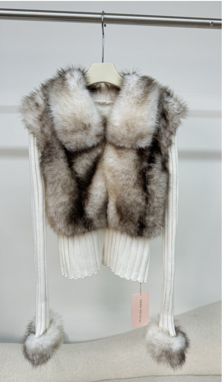 iamgi@Environmentally friendly fur patchwork coat female fake two-piece hot girl lapel zipper warm knit sweater cardigan