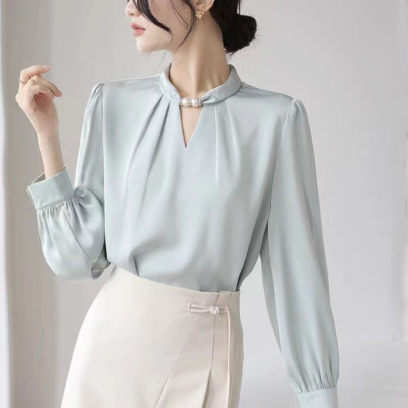 French niche halter neck stand collar beaded shirt female 2025 spring new style pullover satin temperament commuter professional top