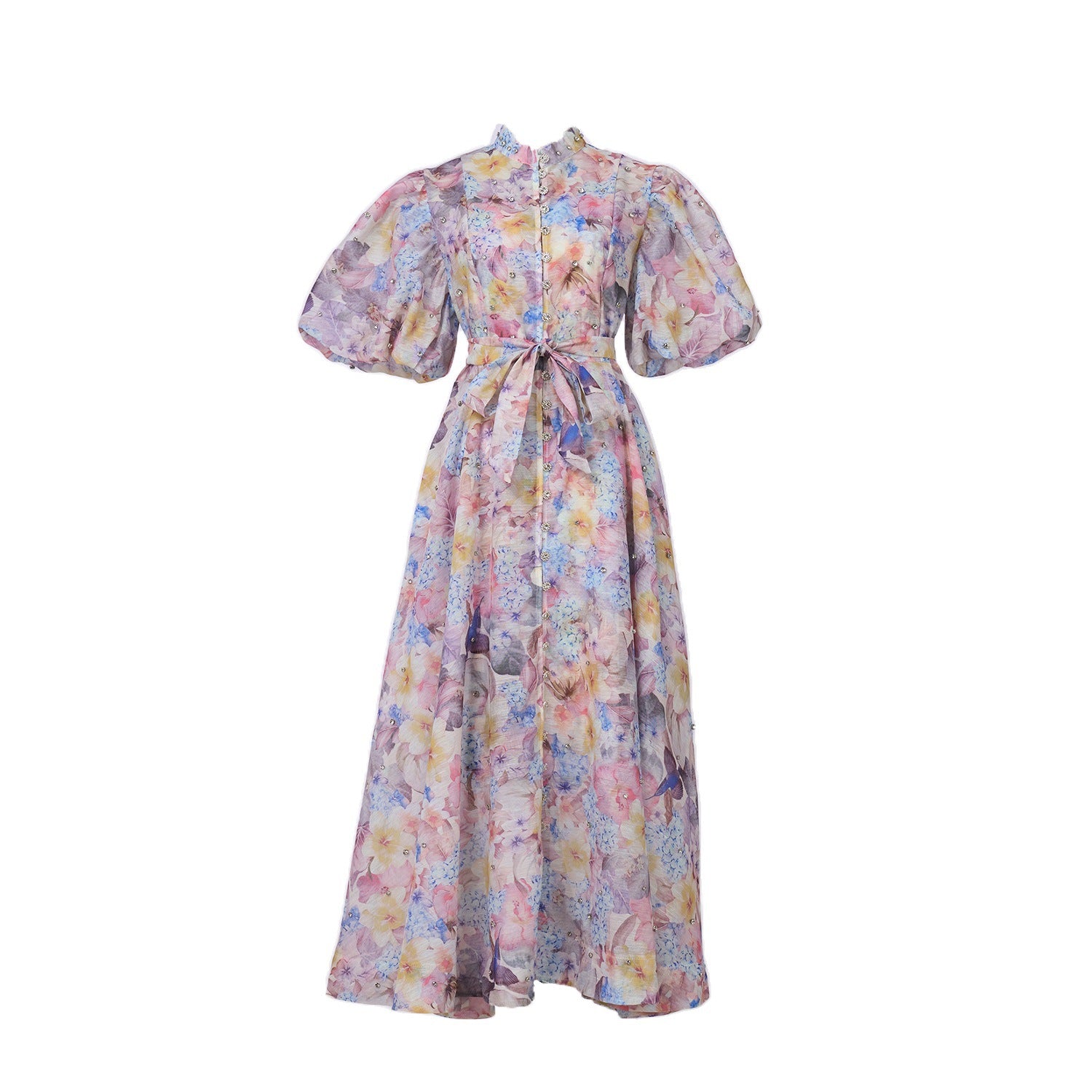 European and American cross-border summer palace style high-end design heavy-duty rhinestone short-sleeved single-breasted dress with suspenders