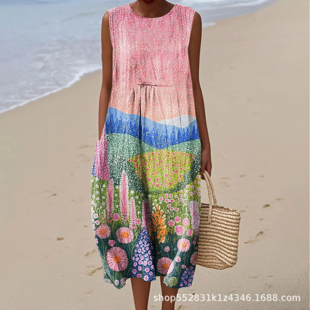 2025 European and American spring and summer new sleeveless casual printed temperament long dress slim small fresh casual dress