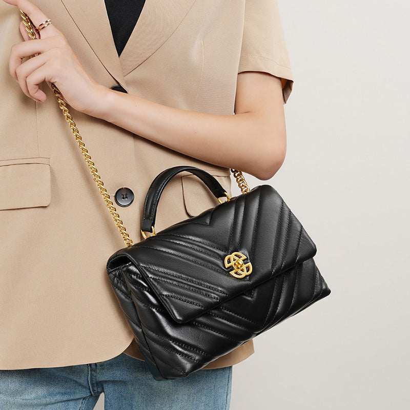 High-grade diamond chain small square bag women 2025 new ladies cowhide underarm bag genuine leather shoulder oblique