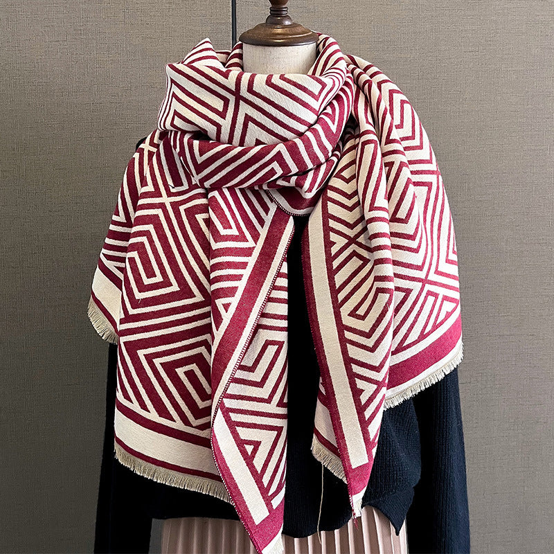 autumn and winter new Korean style geometric warm autumn and winter scarf female student neck scarf temperament shawl outer wear imitation cashmere