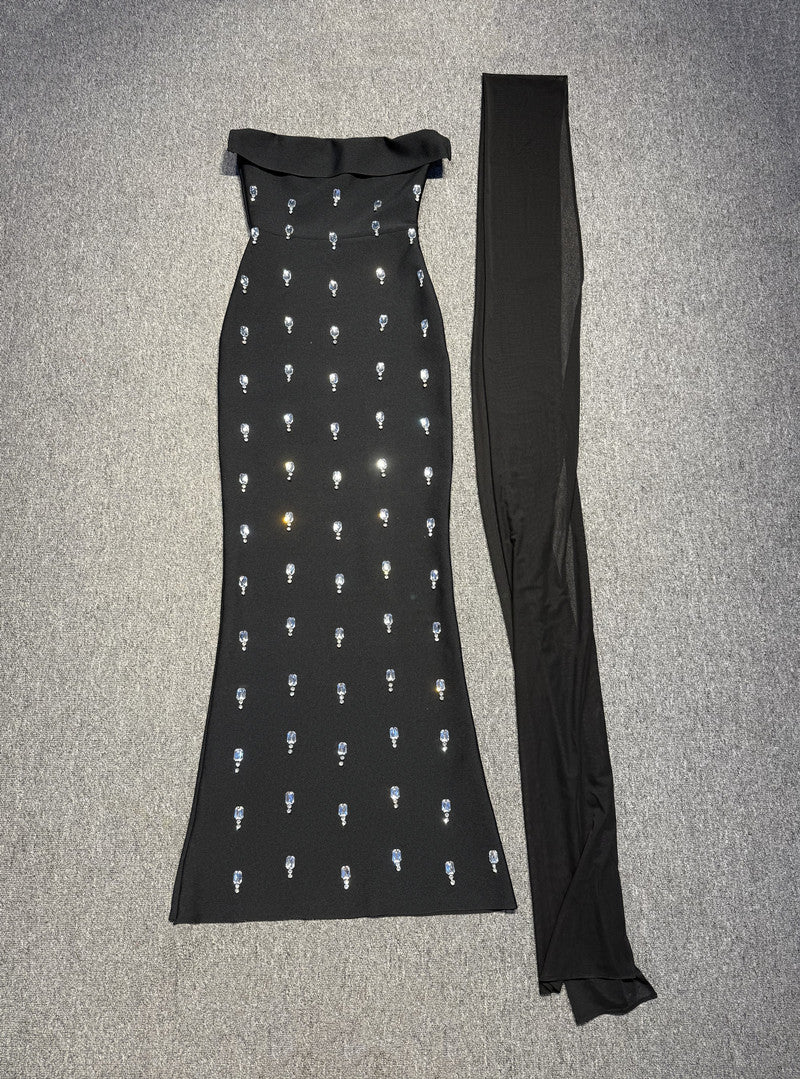 Cross-border independent station gorgeous boutique heavy knit dress tube top halter neck custom diamond bandage evening gown