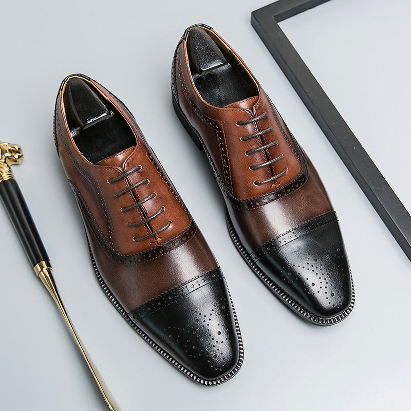 European and American British style brogues men's business genuine leather color matching carved Oxford shoes men's wedding pointed toe groom shoes