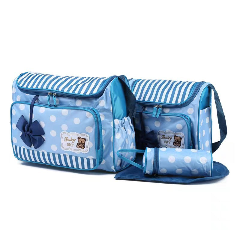 Cross-border printing large polka dot mommy bag four-piece set multifunctional large capacity butterfly festival one-shoulder bear mother and baby bag