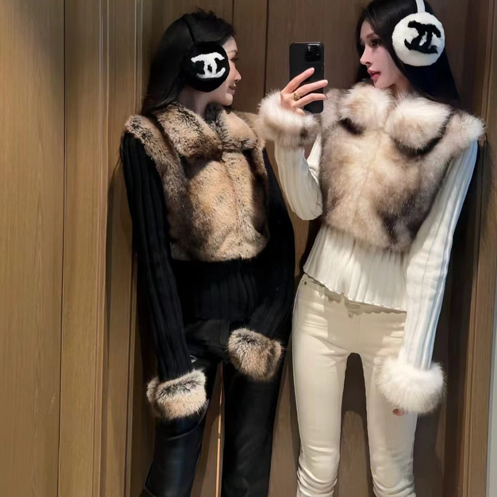 iamgi@Environmentally friendly fur patchwork coat female fake two-piece hot girl lapel zipper warm knit sweater cardigan