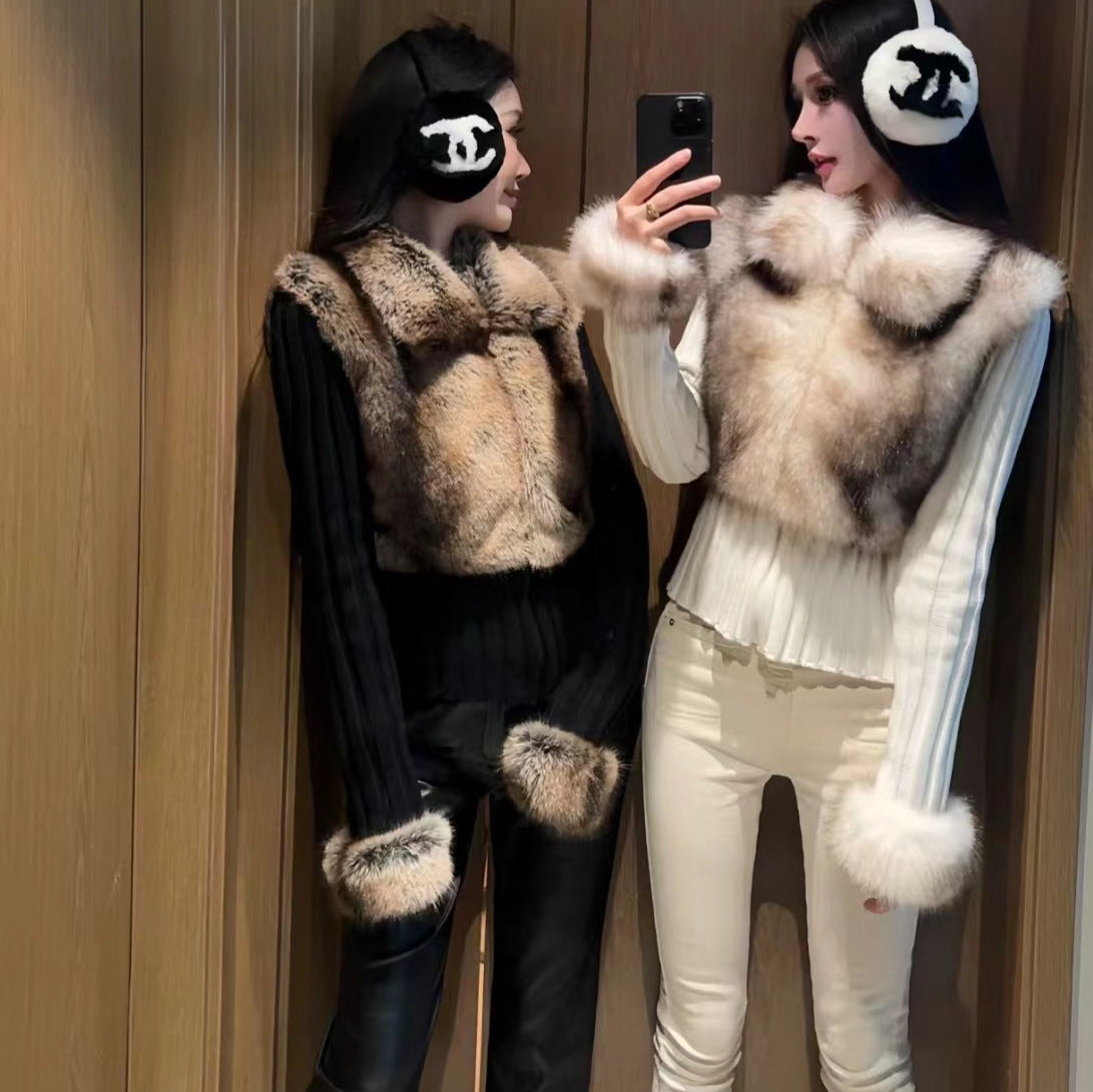 iamgi@Environmentally friendly fur patchwork coat female fake two-piece hot girl lapel zipper warm knit sweater cardigan