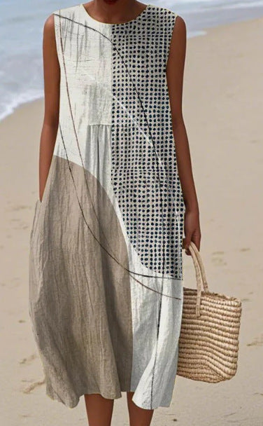 2025 European and American spring and summer new sleeveless casual printed temperament long dress slim small fresh casual dress