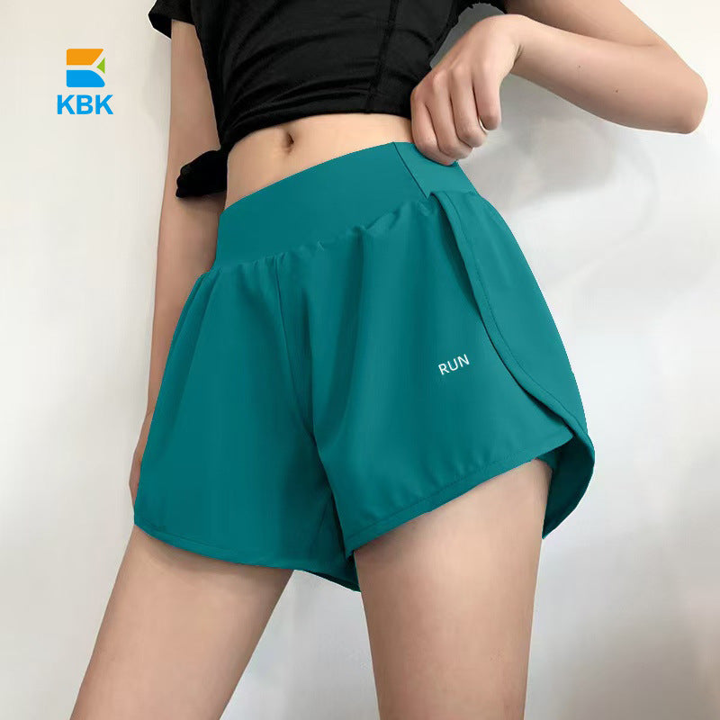 Sports shorts fake two-piece anti-exposure fitness high waist thin yoga pants three-quarter breathable running summer hip lift