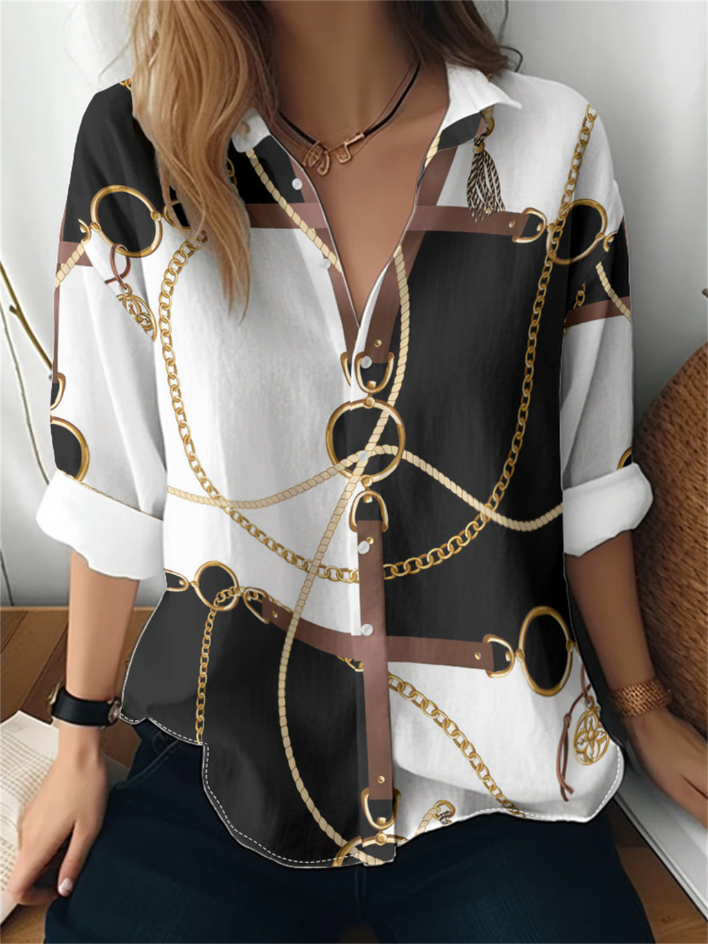 Cat cross-border European and American women's 3D printed floral pattern long-sleeved shirt women's fashion tops