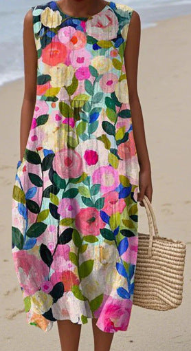 2025 European and American spring and summer new sleeveless casual printed temperament long dress slim small fresh casual dress