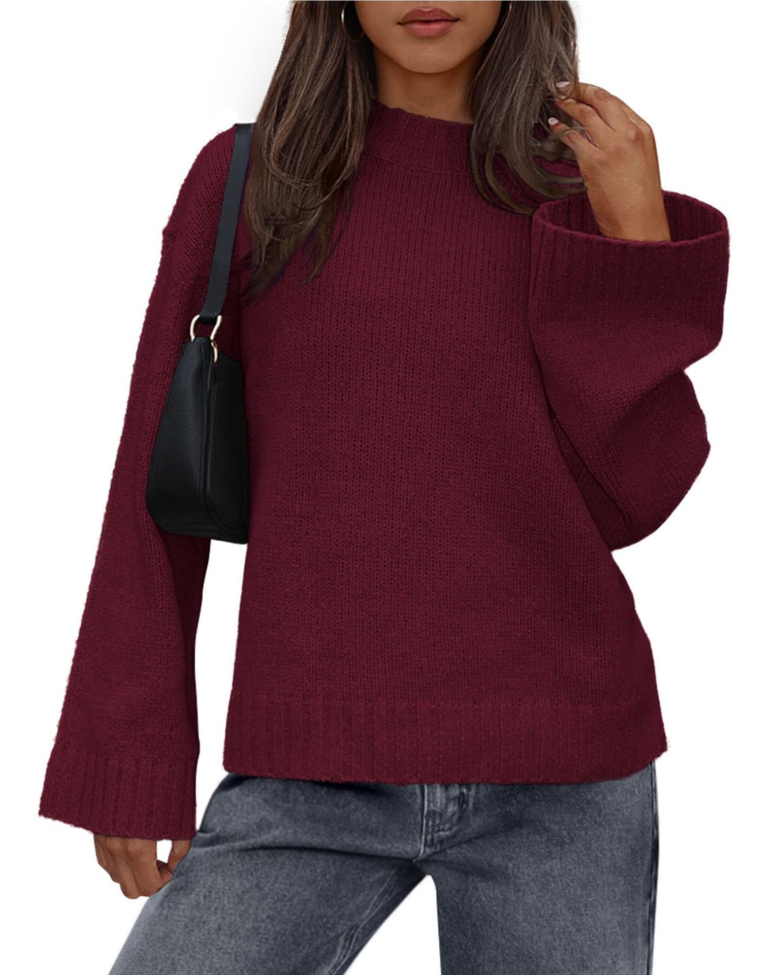 2025 Foreign Trade Autumn and Winter New Arrival Casual Round Neck Loose Solid Color Long Sleeve Trumpet Sleeve Knitted Sweater Women's Clothing