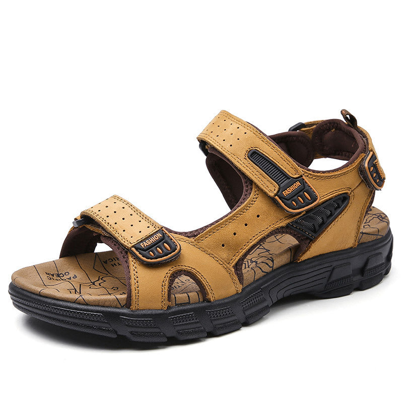 Summer men's thick-soled open-toe top-layer leather men's beach shoes soft-soled fashionable large-size outdoor casual shoes
