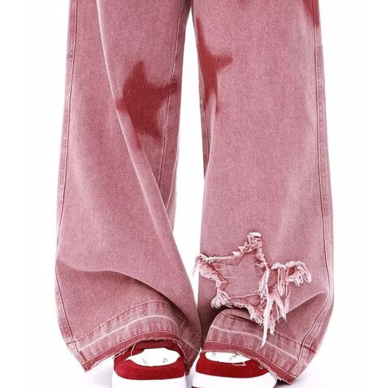 American retro star embroidered jeans for women early autumn new dopamine wear high waist loose wide leg pants