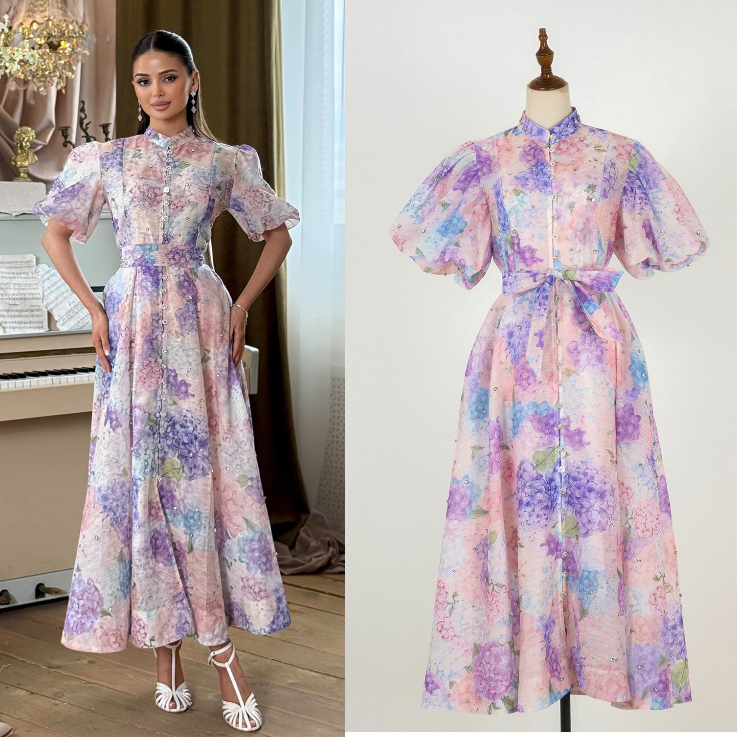 European and American cross-border summer palace style high-end design heavy-duty rhinestone short-sleeved single-breasted dress with suspenders