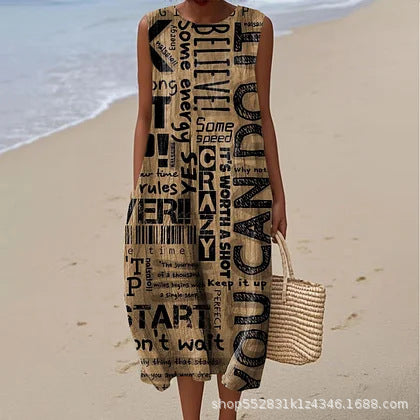 2025 European and American spring and summer new sleeveless casual printed temperament long dress slim small fresh casual dress