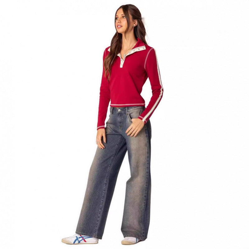 edikted American retro hot girl low waist straight washed casual waist slim jeans versatile trendy women