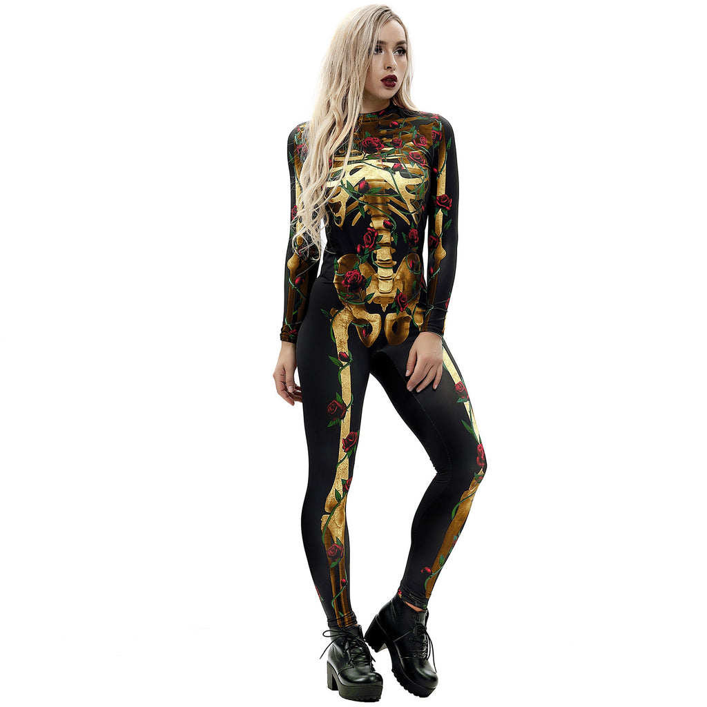 New Halloween skeleton digital printing long-sleeved bodysuit slim fit slim cosplay costume