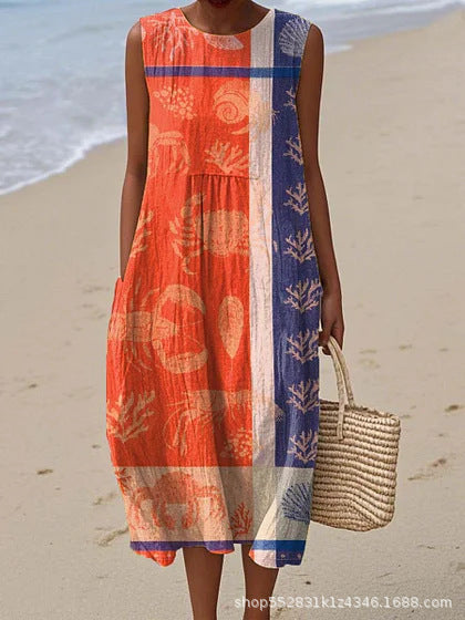 2025 European and American spring and summer new sleeveless casual printed temperament long dress slim small fresh casual dress