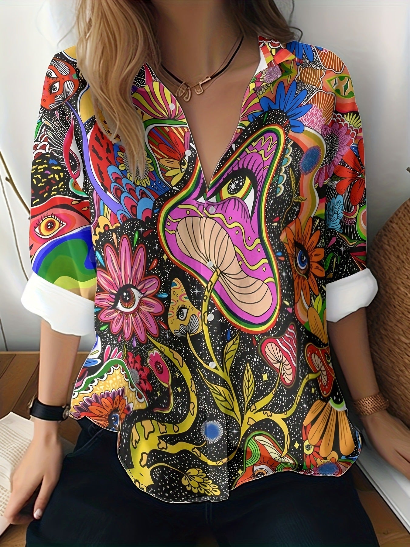 Cat cross-border European and American women's 3D printed floral pattern long-sleeved shirt women's fashion tops