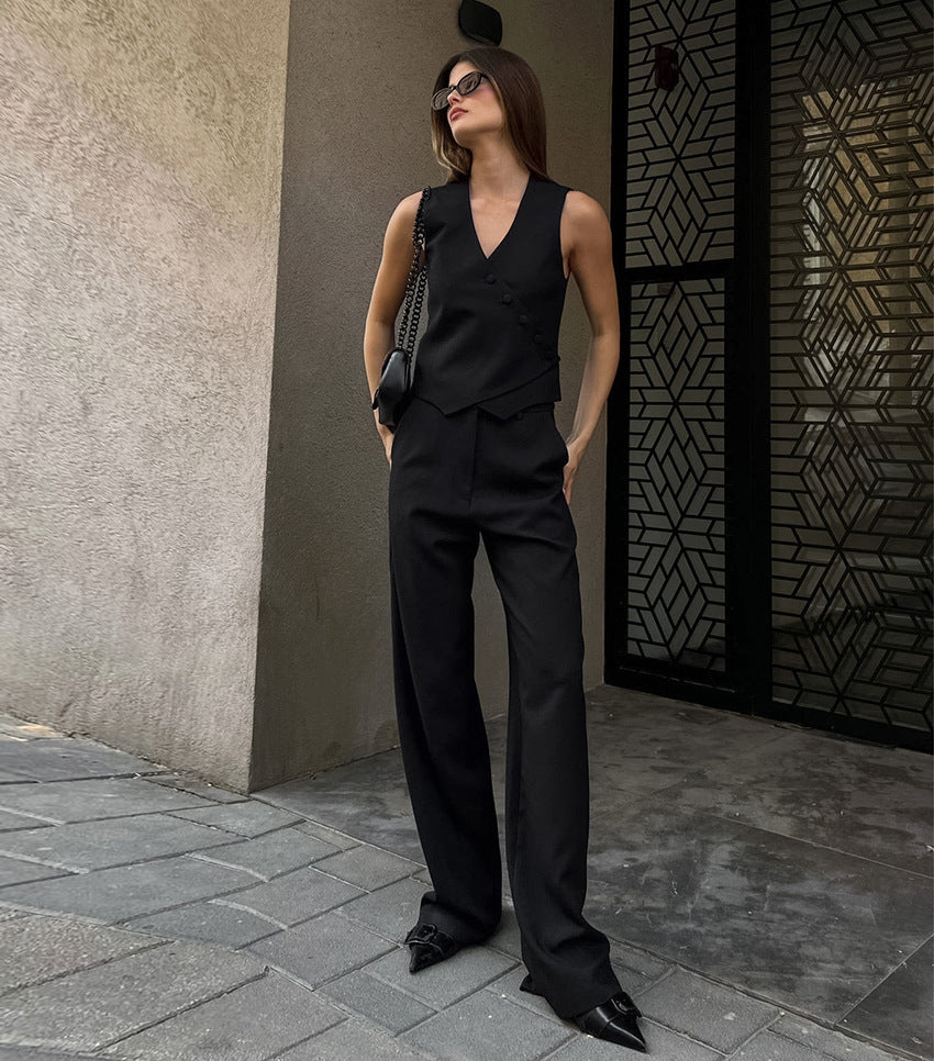 hot style casual high-end suit European and American foreign trade cotton khaki cardigan vest straight pants two-piece suit for women