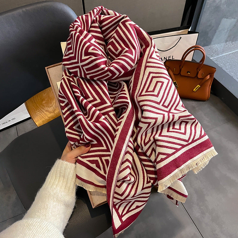 autumn and winter new Korean style geometric warm autumn and winter scarf female student neck scarf temperament shawl outer wear imitation cashmere