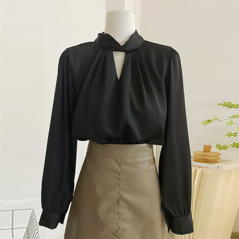 French acetate satin stand-up collar hollow shirt women's spring and autumn fashionable temperament professional commuting long-sleeved top