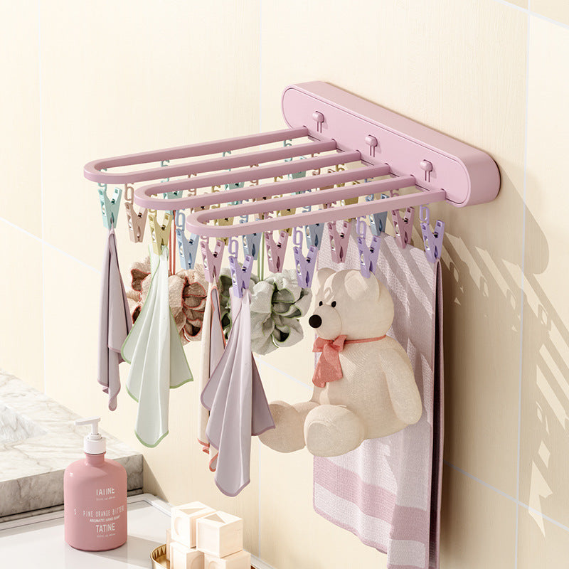 Folding clothes drying rack, punch-free, 24-clip windproof folding sock rack for underwear, balcony and bathroom, multi-clip sock rack