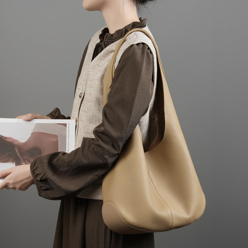 New Korean Internet celebrity women's bag bucket bag large capacity first layer leather tote bag high-end armpit shoulder genuine leather bag