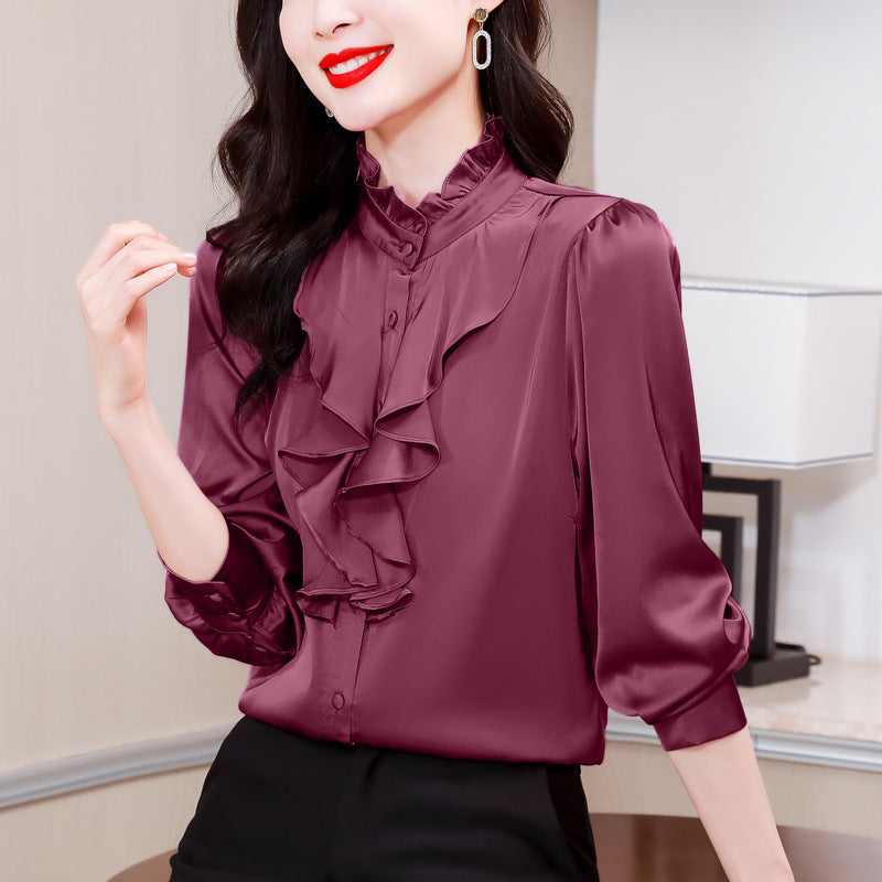 Green 1803 intellectual and generous temperament imitation silk shirt female long sleeve solid color lace collar palace style mulberry silk shirt