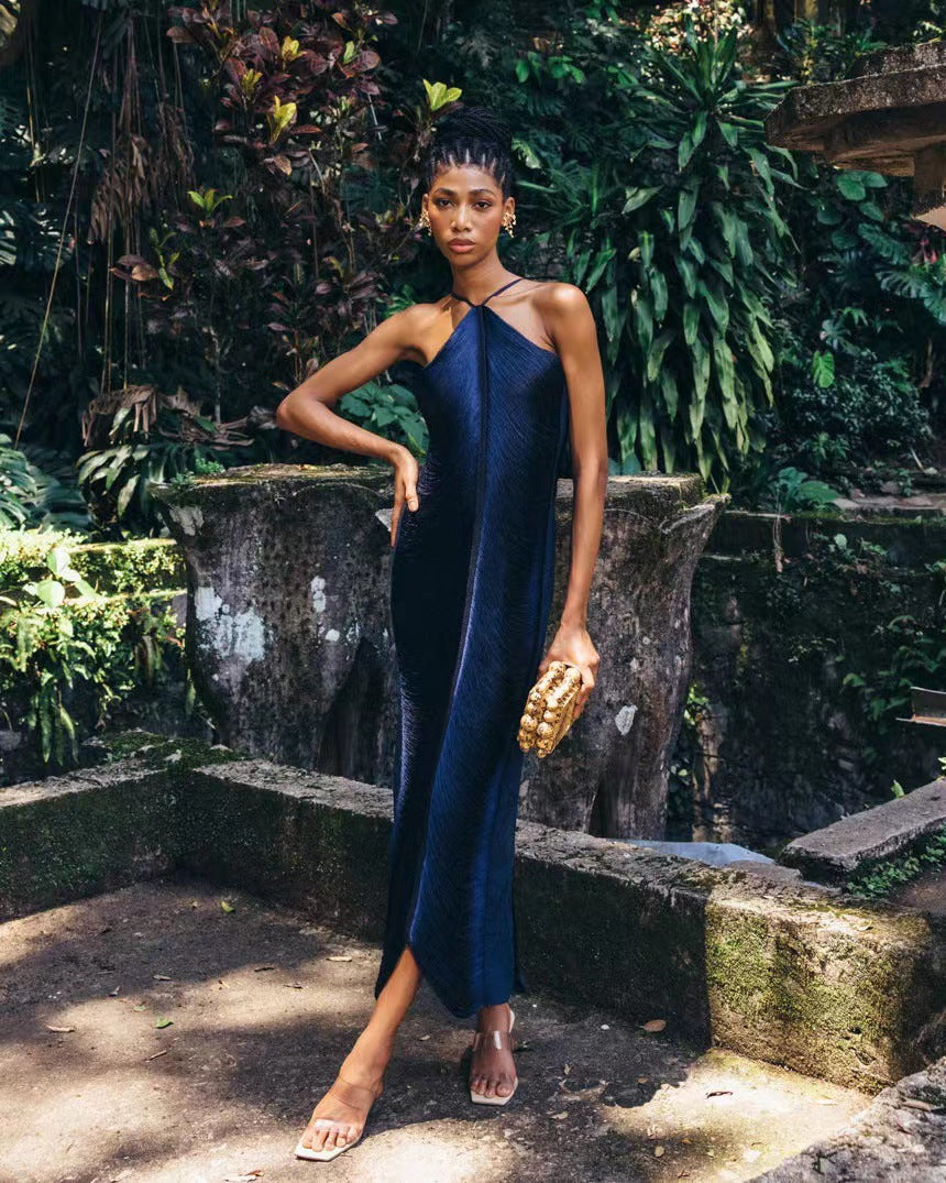 2025 European and American foreign trade cross-border supply fashion tassel back slit halter neck dress light luxury slim fit