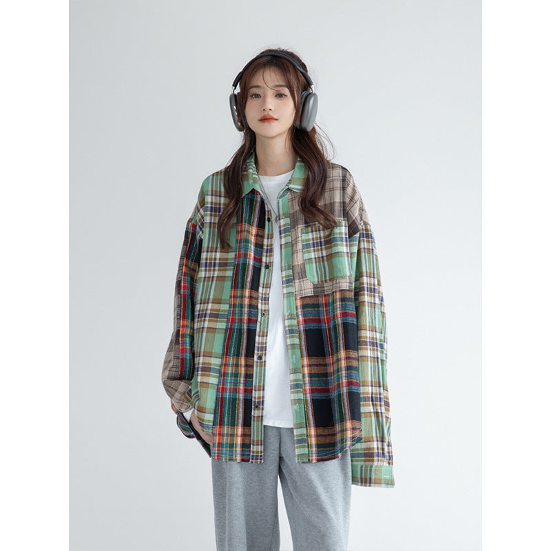 Japanese retro plaid shirt women's spring and autumn style design niche shirt jacket loose casual long-sleeved top trend