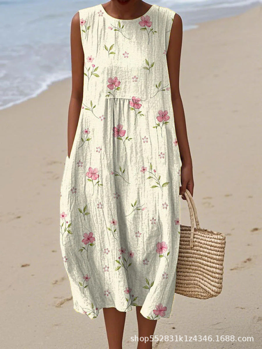 2025 European and American spring and summer new sleeveless casual printed temperament long dress slim small fresh casual dress